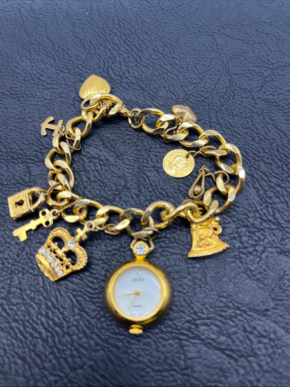 Gold Charm Bracelet Watch with Decorative Charms Crown Hearts Key  Charms
